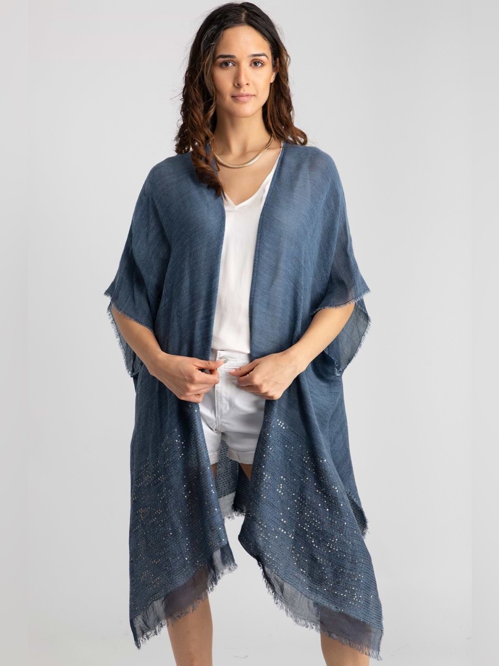 SAACHI FRINGED SEQUIN KIMONO STEEL BLUE NWOT